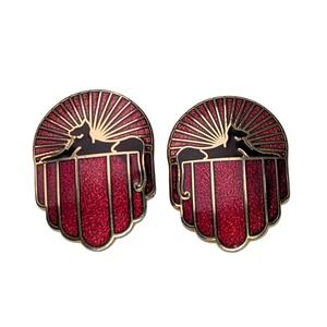 Roccoco Kaleidoscope Cat Clip On Earrings Red Enamel Cloisonne Art Deco Style